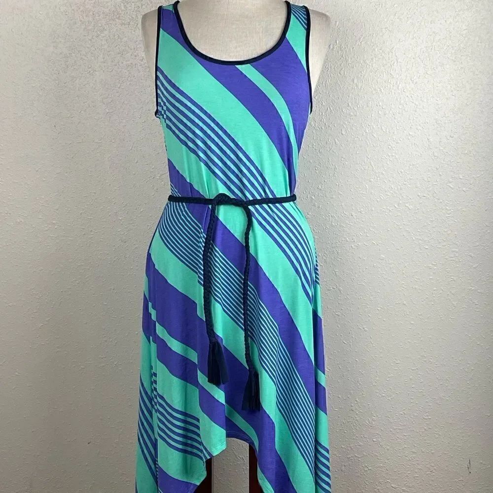 NWT Silvergate Womens Blue and Teal Stripe Midi Dress with Rope Style Belt S & M